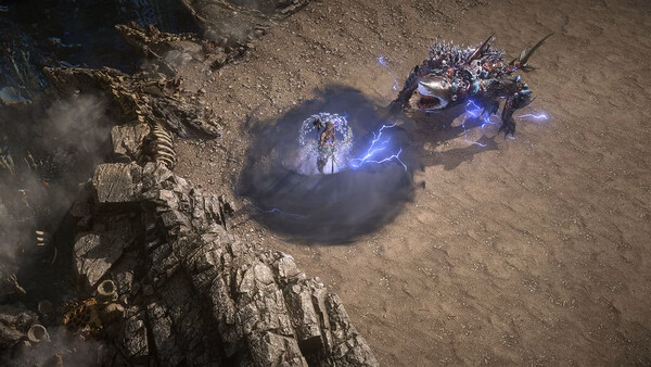 Path of Exile 2 screenshot: A character in armor battles a large, spiked creature on a rocky terrain, surrounded by energy.