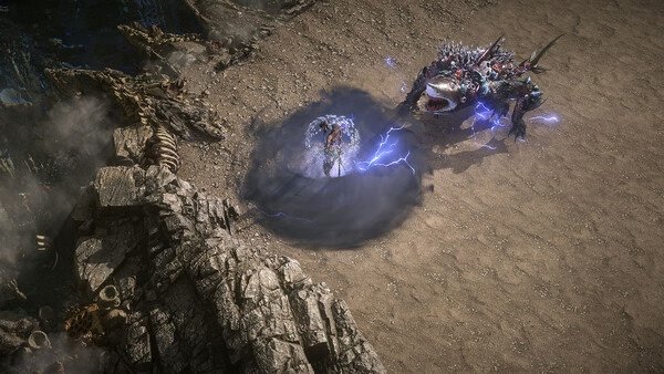 Path of Exile 2 screenshot: A character in armor battles a large, spiked creature on a rocky terrain, surrounded by energy.