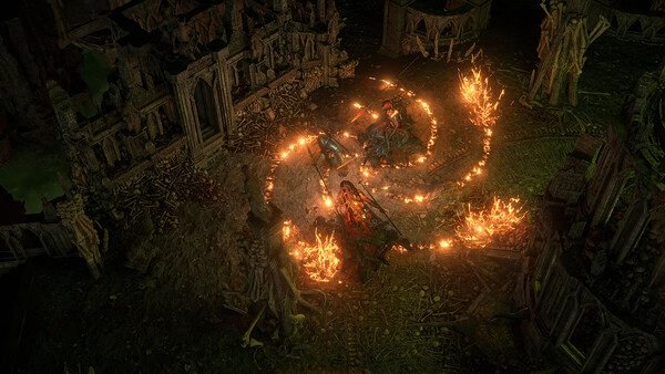 Path of Exile 2 screenshot: A character casting a fiery spell encircled by flames in a dark, ancient ruin setting.