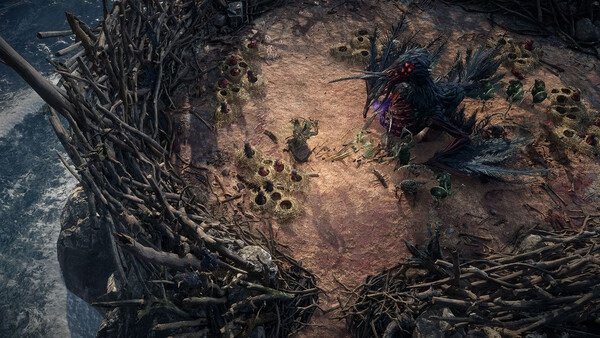 Path of Exile 2 screenshot showing a player character facing a large, menacing bird-like creature in a nest surrounded by eggs.