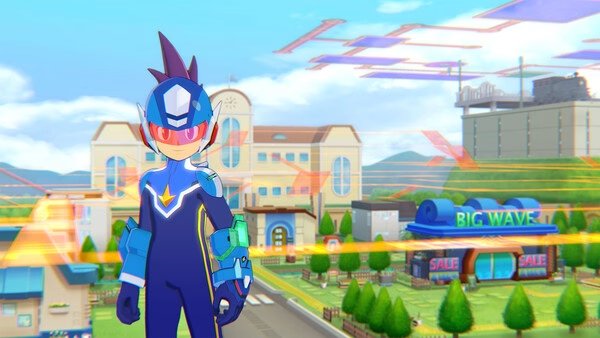 Screenshot from Mega Man Star Force Legacy Collection showing the character in a futuristic cityscape with colorful digital overlays.