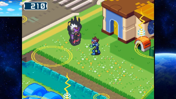 Screenshot from Mega Man Star Force Legacy Collection: A character stands on grass near a building, facing a shadowy figure.