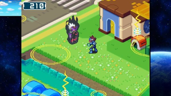 Screenshot from Mega Man Star Force Legacy Collection: A character stands on grass near a building, facing a shadowy figure.