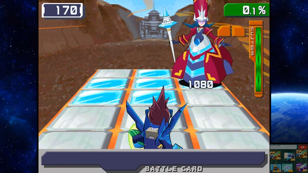 Screenshot from Mega Man Star Force Legacy Collection showing a battle scene with Mega Man facing a powerful enemy character.