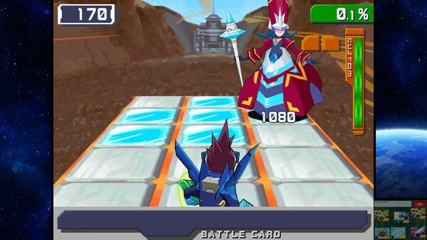 Screenshot from Mega Man Star Force Legacy Collection showing a battle scene with Mega Man facing a powerful enemy character.