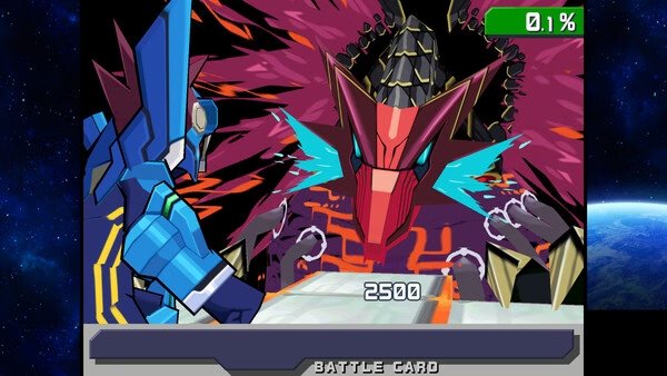 Screenshot from Mega Man Star Force Legacy Collection showing a blue-armored character battling a dragon-like enemy with a 2500 HP bar.