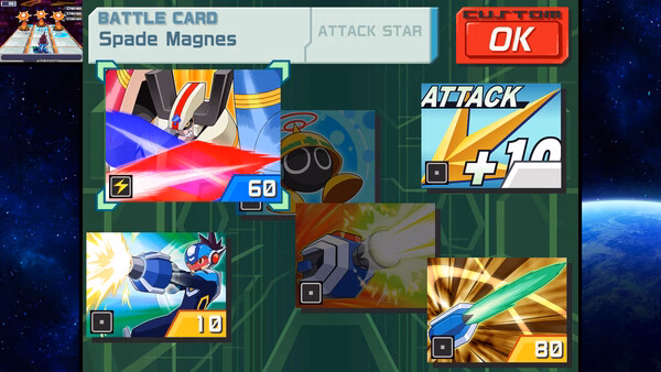 Screenshot from Mega Man Star Force Legacy Collection showing a battle card selection screen with Spade Magnes highlighted.