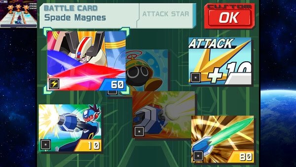 Screenshot from Mega Man Star Force Legacy Collection showing a battle card selection screen with Spade Magnes highlighted.