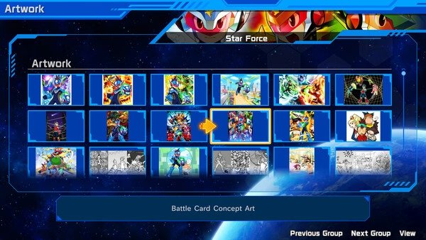 Screenshot of the game Mega Man Star Force Legacy Collection featuring artwork thumbnails and a highlighted Battle Card Concept Art.