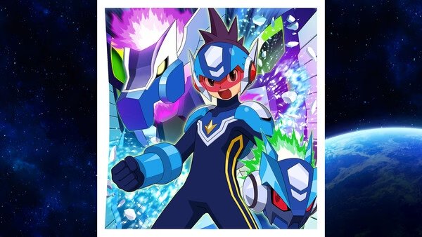 Mega Man Star Force Legacy Collection screenshot: Hero in battle armor with vibrant energy effects and robotic companions in space-themed art.