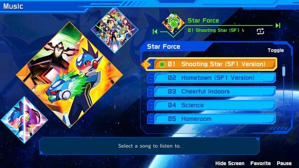 Screenshot from Mega Man Star Force Legacy Collection showing the music menu with Star Force character art and song list.
