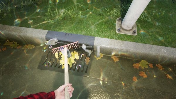Screenshot from DrainSim: A player uses a rake to clear autumn leaves from a street drain, with water and bubbles visible.