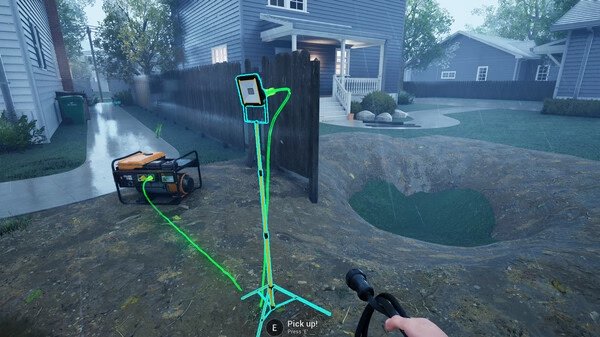 A DrainSim screenshot showing a player holding a tool near a generator and a large sinkhole in a suburban backyard.