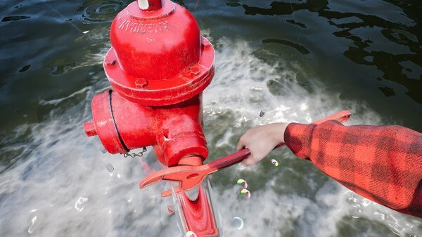 Screenshot from DrainSim showing a hand turning a red valve with a wrench over swirling water.