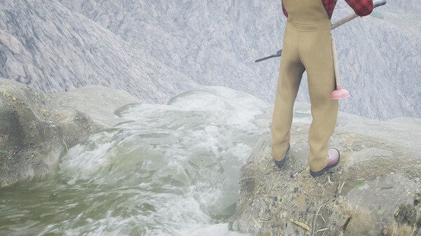 DrainSim screenshot: A character in overalls and boots stands near rushing water with a plunger and tool on a rocky terrain.
