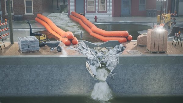 DrainSim screenshot: A damaged canal with water flowing through a breach, surrounded by construction equipment and barriers.