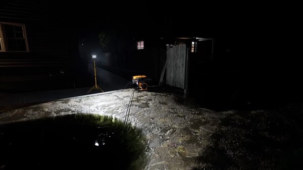 Screenshot from DrainSim showing a night scene with floodlights illuminating a muddy area and a small shed.