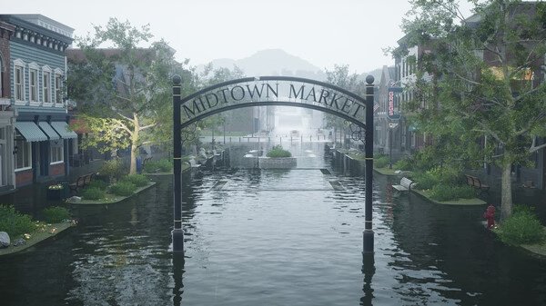 DrainSim screenshot: A serene canal scene featuring the Midtown Market archway, flanked by trees and quaint buildings.