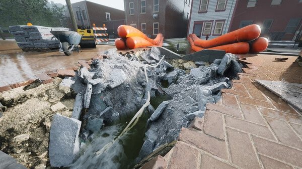 DrainSim screenshot: A damaged street with a large sinkhole, flowing water, and flood barriers near buildings in a suburban area.