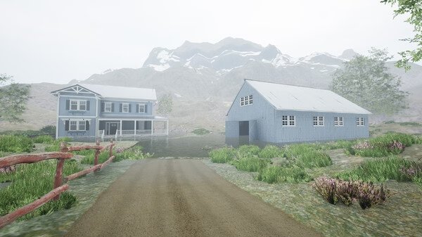Screenshot from DrainSim showing a rural landscape with a two-story house, barn, dirt road, and mountains in the background.