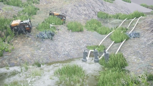 Screenshot from DrainSim showing generators and hoses draining water from a grassy, flooded area.