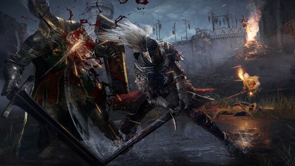 Elden Ring screenshot: A knight battles a heavily armored foe in a dark, medieval setting with a fiery backdrop.