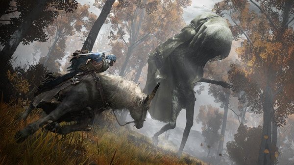 Screenshot from Elden Ring showing a player on horseback facing a large, cloaked creature in an autumn forest.