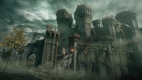 Screenshot from Elden Ring showing a large, imposing castle with tall towers under a stormy sky, surrounded by mist and barren trees.