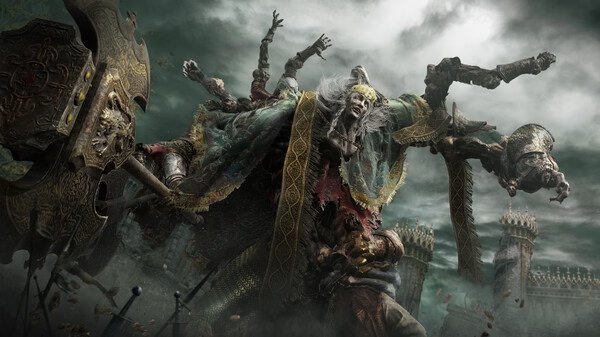 Elden Ring screenshot: A multi-armed creature in ornate armor wields a large weapon in a stormy landscape with towering structures.