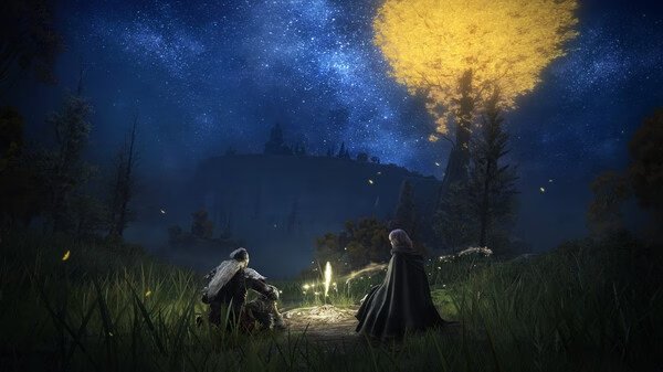 Elden Ring screenshot: Two characters sit by a glowing campfire under a starry sky, with a golden tree illuminating the scene.