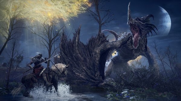 Elden Ring screenshot: A knight on horseback faces a large dragon in a moonlit swamp, with glowing branches above.
