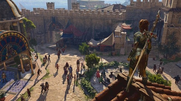 Screenshot from Baldur's Gate 3 showing a character overlooking a bustling medieval town square filled with people and market stalls.