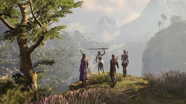 Screenshot from Baldur's Gate 3 showing four characters on a cliff, overlooking a vast, scenic landscape with mountains and trees.