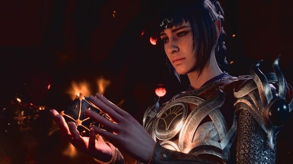 Screenshot from Baldur's Gate 3 showing an armored character holding a glowing artifact in their hands against a dark background.