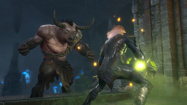 Baldur's Gate 3 screenshot: A warrior with glowing weapon faces a horned beast in a dark, stone-walled dungeon.