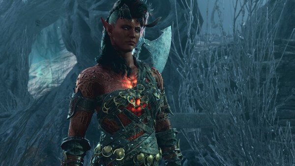 A Baldur's Gate 3 screenshot showing a tiefling character in detailed armor, standing in a dark, eerie forest environment.