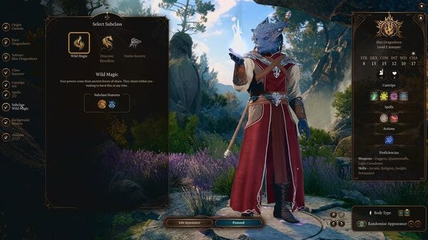 Baldurs Gate 3 screenshot: A character creation screen shows a blue dragonborn sorcerer in robes, standing in a lush outdoor setting.