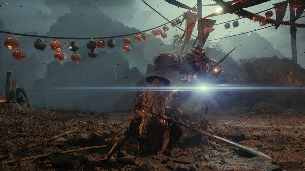 Screenshot from Phantom Blade Zero showing a warrior in combat with a creature, surrounded by lanterns and misty mountains.