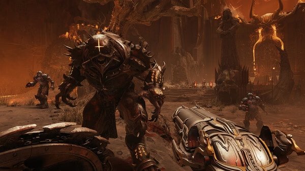 A 'DOOM: The Dark Ages' screenshot shows a player battling a towering demon in a fiery, foreboding landscape with twisted trees.