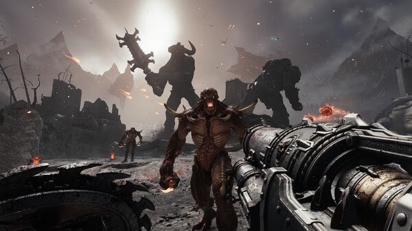 Screenshot from DOOM: The Dark Ages showing a player wielding a massive weapon facing off against several demonic creatures in a dark landscape.