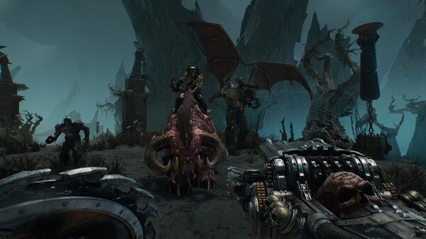 DOOM: The Dark Ages screenshot. A warrior rides a dragon, surrounded by demons in a dark, eerie landscape.
