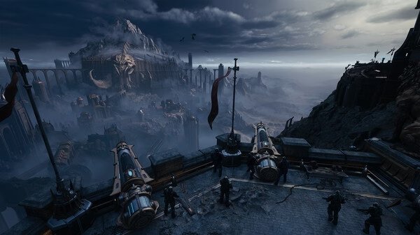 Screenshot from DOOM: The Dark Ages showing a mountainous fortress with soldiers, cannons, and ominous skies in the background.