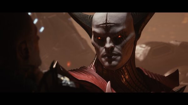 Screenshot from DOOM: The Dark Ages showing an armored character facing a horned creature in a dimly lit, futuristic environment.