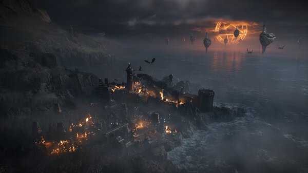 Screenshot from DOOM: The Dark Ages showing a burning medieval town near cliffs, with floating fiery islands in the dark sky.