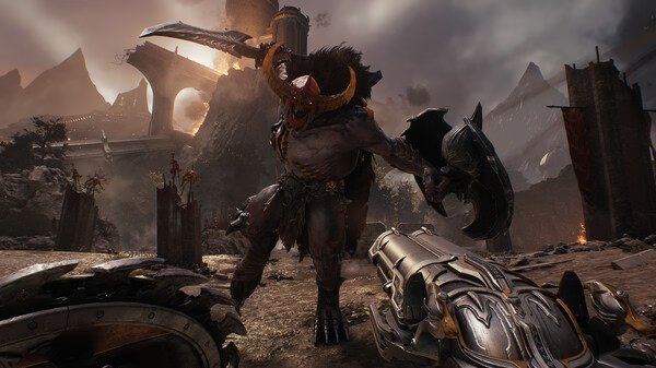 DOOM: The Dark Ages screenshot showing a fierce demon wielding a massive axe in a desolate, battle-scarred landscape.