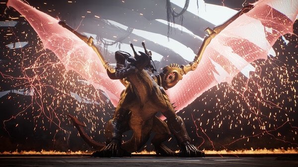 Screenshot from DOOM: The Dark Ages showing a fierce dragon-like creature with glowing wings amidst sparks and debris.