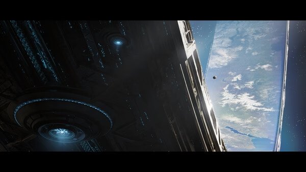 A screenshot from Halo: Campaign Evolved showing a massive space structure and a distant planet in the background.