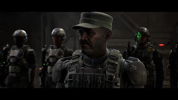 Halo: Campaign Evolved screenshot showing a group of armored soldiers standing in a dimly lit futuristic setting.