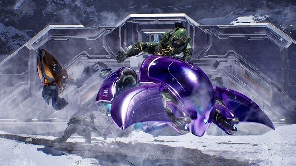 Halo: Campaign Evolved screenshot showing a futuristic soldier leaping from a purple vehicle in a snowy landscape.