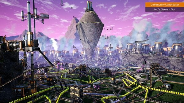 Satisfactory screenshot: A sprawling factory complex with conveyor belts and machinery set against a vibrant purple sky.